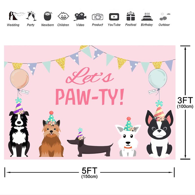 Aperturee 5x3ft Puppy Dog Happy Themed Backdrops Let's Paw-ty Doggy Pet Pink Girl Photography Backdrop Banner for Puppy Party Photo Booth Backdrop Vinyl Birthday Party Decorations - Image 2